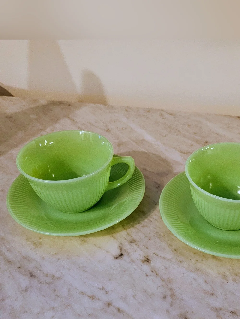 Fire King Jane Ray Jadeite Cup & Saucer Set of 2 Vintage USA Green Milk Glass